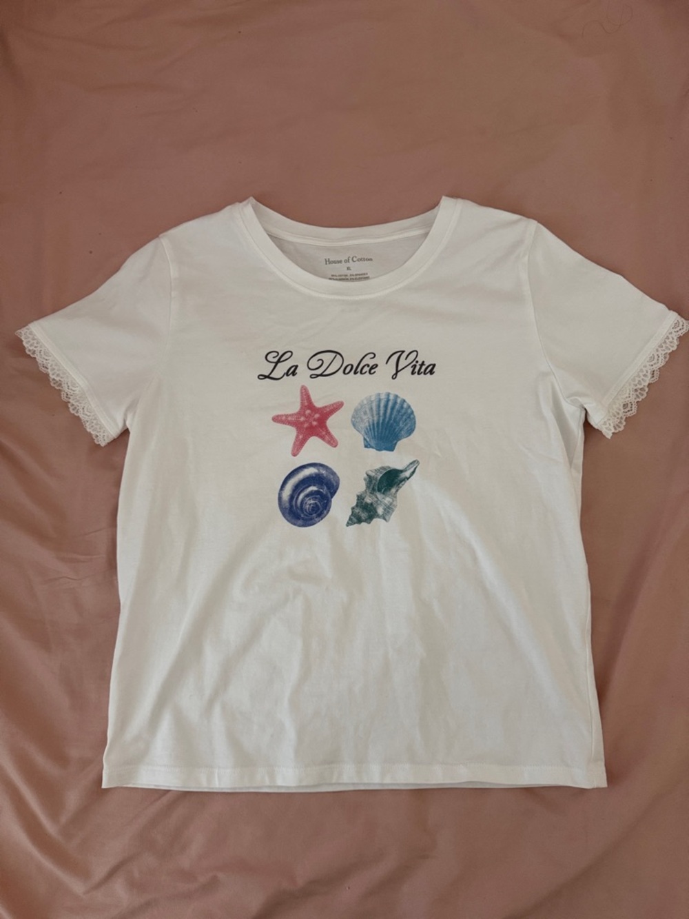 White 'La Dolce Vita' Graphic Tee with Lace Trim